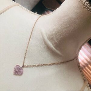 Baguette and round pink stone pave heart rose gold on chain necklace